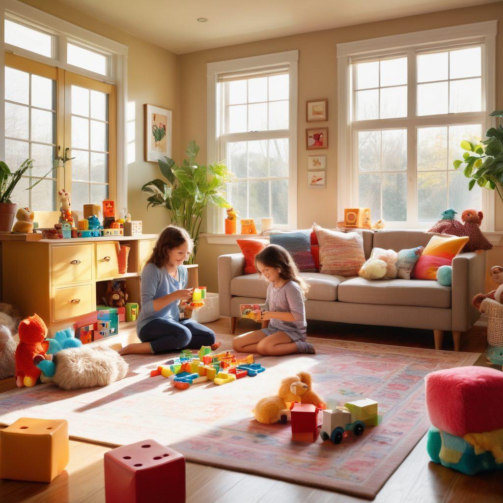 A cozy, inviting living room filled with colorful and age-appropriate toys scattered around. A parent and child joyfully interacting while playing with building blocks, surrounded by plush stuffed animals and educational games. Bright sunlight streaming through a window, illuminating the scene, emphasizing safety and engagement. Whimsical and cheerful atmosphere, radiating warmth and creativity. super-realistic. vibrant colors. natural lighting.