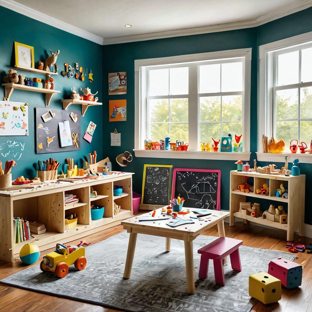 A whimsical workshop filled with imaginative toys in vibrant colors, showcasing kids joyfully engaged in creating unique playthings. Include scattered building materials, sketches of playful designs, and playful doodles on a large chalkboard. Soft sunlight streaming through large windows, enhancing the creative atmosphere. super-realistic. vibrant colors. 3D.