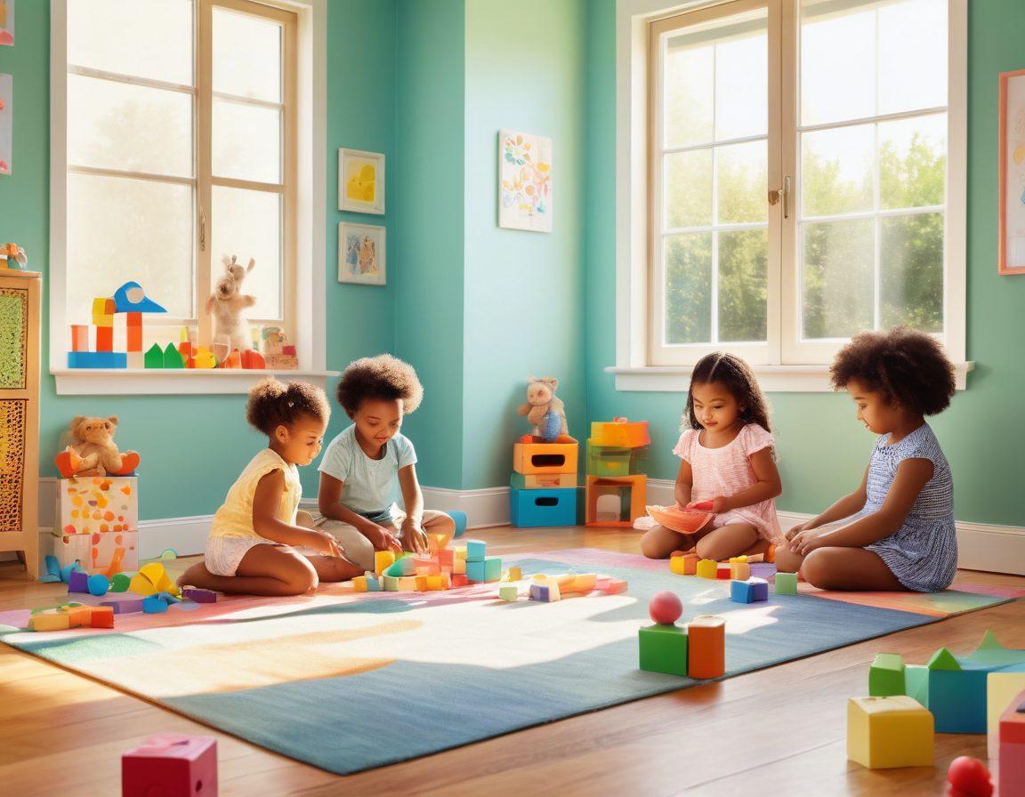 A whimsical scene displaying a colorful playroom filled with various imaginative and educational toys. Children of diverse ethnicities are engaged in creative play, building with blocks, or playing with interactive games. The light filters in through a bright window, casting playful shadows on the floor, enhancing the cheerful atmosphere. Soft pastels and vibrant colors create a joyful and inviting feel. digital illustration. vibrant colors. playful design.